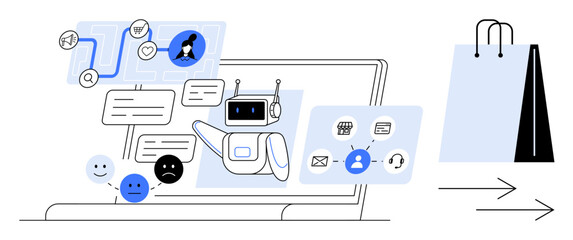 Robot assisting e-commerce by analyzing feedback, recommending products, and streamlining queries. Ideal for customer support, online shopping, AI integration, feedback, e-commerce, business