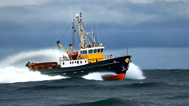 Fishing boat navigating rough seas near the coastline during a cloudy day with strong waves and turbulent waters