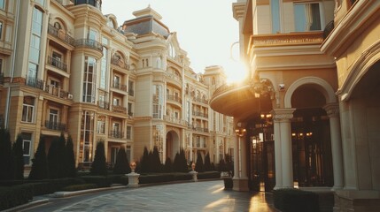 Fototapeta premium Luxurious Urban Architecture with Elegant Facades and Warm Sunset Glow Captured in a Grand Residential Complex in a Modern Cityscape Setting