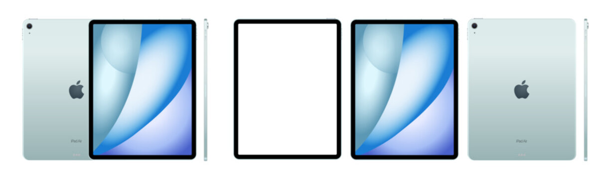 ipad tablet. Tablet computer with blank white screen. Screen ipad and back side ipad. Empty screen tablet computer mock-up view.