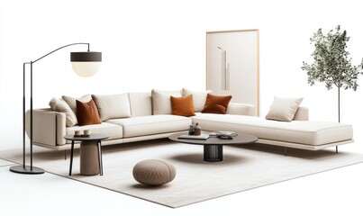 Modern sectional sofa in beige with orange pillows, coffee table, floor lamp, and plant in a minimalist living room.