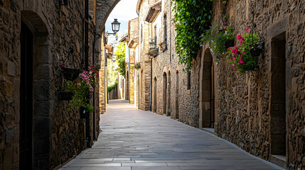 Fototapeta premium Sunlit Cobblestone Street With Stone Houses And Flower Baskets In A Picturesque Medieval Italian Village