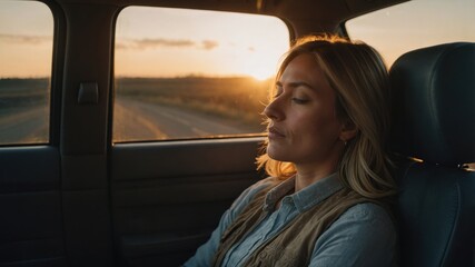 Fototapeta premium Woman rests in car at sunset, enjoying quiet time during road trip. Peaceful scene, travel, relaxation.