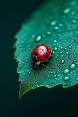 Fototapeta premium Bright ladybug rests on dew-kissed green leaf in a tranquil garden after a gentle rain shower