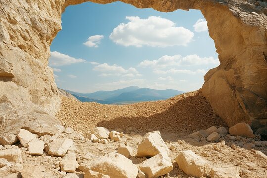 View through a rocky arch showing mountains and a clear blue sky in a remote desert landscape