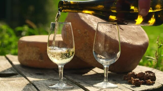Pouring white wine into glasses with Ossau-Iraty cheese wheels in the background