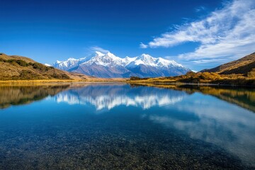 Majestic mountain range reflected in clear lake	
