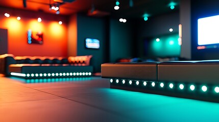 Modern lounge interior with colorful lighting, stylish seating, and ambient atmosphere