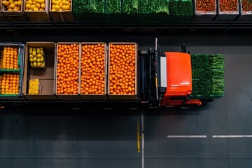 Aerial view of truck transporting fresh fruits and vegetables	