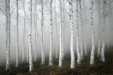 White Birch Forest In Foggy Morning