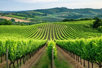 Scenic vineyard landscape in Tuscany at sunset	