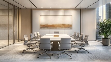 Modern, spacious boardroom with large table, chairs, and artwork.