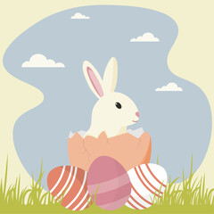 Adorable Easter bunny hatching from an egg with colorful decorated eggs on a spring meadow. Cute pastel cartoon illustration with rabbit, grass, and soft clouds.Perfect for Easter greetings and design