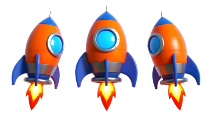 A high-quality futuristic 3D Rocket Spaceship with bright orange and blue colors. 