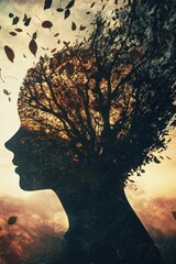 Autumnal silhouette of a woman with a tree for a head in a stormy sky