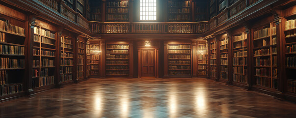 Fototapeta premium Quiet reading session in an elegant library historical building interior design warm atmosphere wide angle knowledge hub