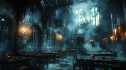 Mysterious gathering of shadows abandoned castle digital art dark atmosphere wide angle enigmatic setting