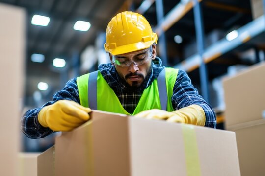 Warehouse worker handling cardboard package in industrial facility	