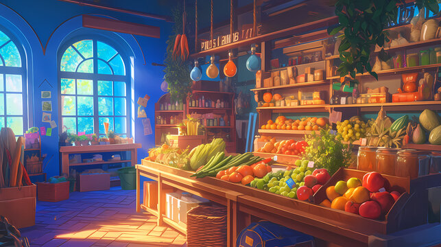 Vibrant market scene showcasing a variety of fresh produce in a cozy, sunlit grocery store
