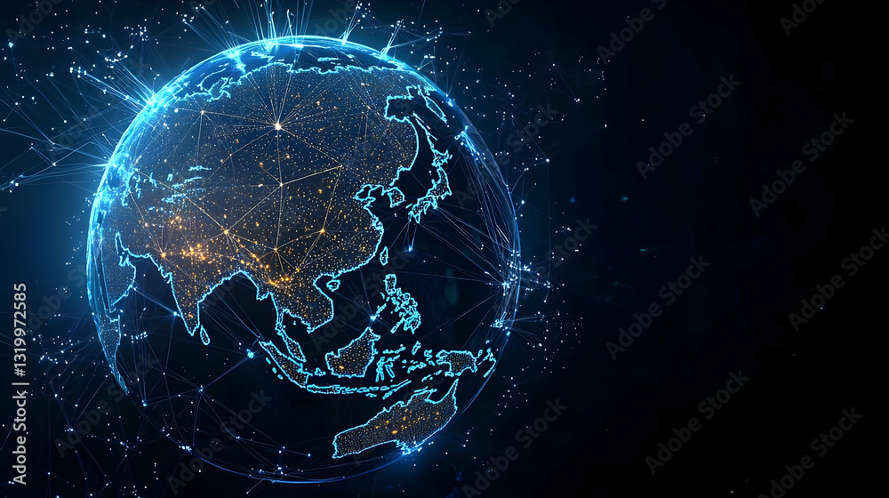 Poster rotating globe with futuristic digital network connections and data flow in space