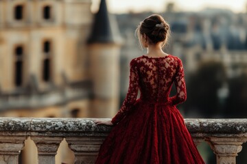 Naklejka premium Woman in red gown standing on a castle balcony at sunset 