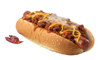 Delicious chili dog with cheese topped with rich meaty chili and melted cheddar perfect for fast food branding, diner menu designs, and comfort food illustrations on transparent background PNG

