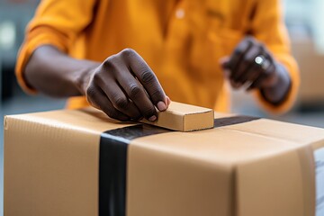 Fototapeta premium Warehouse worker labeling a package for shipment 