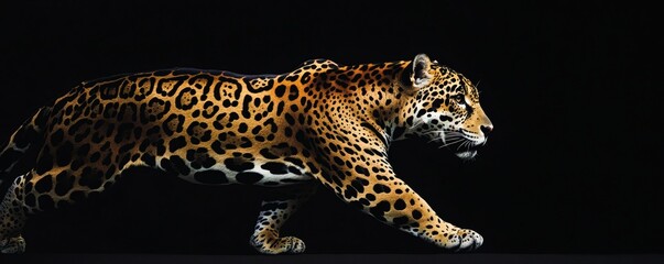 A majestic jaguar walks gracefully against a stark black background