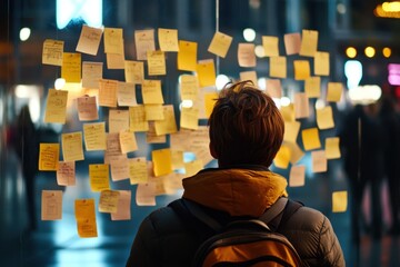 Man looking at sticky notes on glass wall	