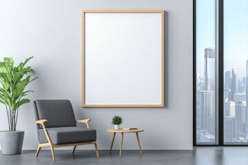 Modern waiting room with empty frame, armchair, and city view.