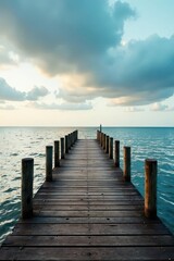 Empty wooden pier extends over calm sea under cloudy sky , dock, pier