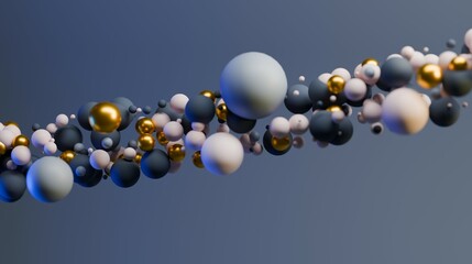 Muted tones of spheres floating along a path against a deep blue background in shades of pale blue, dark blue, white, pastel pink and gold metallic create a thoughtful and dynamic atmosphere.
