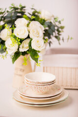 Closeup of porcelain plates and bowls