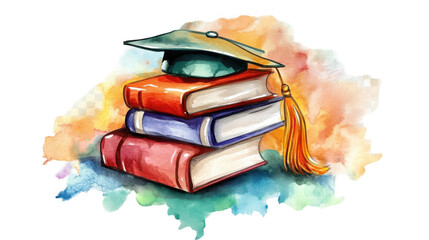 Colorful Watercolor Illustration of Books and Graduation Cap
