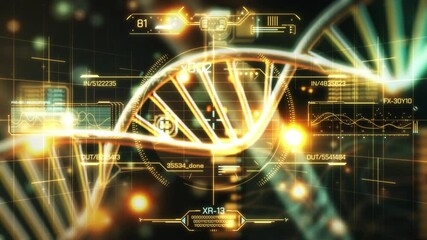 Futuristic DNA strand rotating with digital interface analyzing data - Powered by Adobe