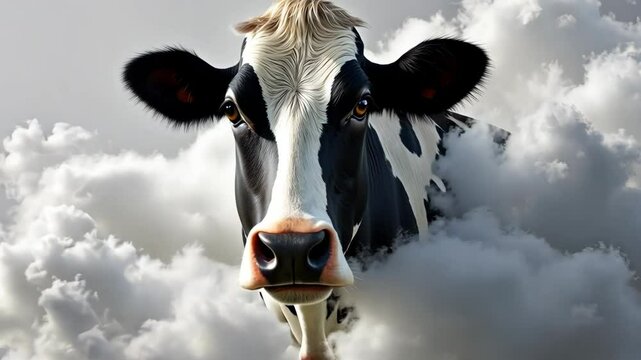 Surreal holstein cow emerging from fluffy clouds in dreamlike scene