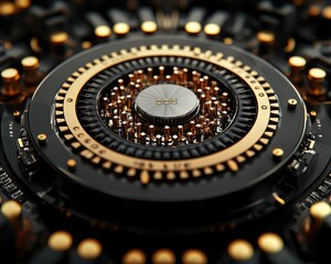 A close-up view of a metallic, circular object featuring intricate patterns and golden accents, conveying a sense of technology and design.