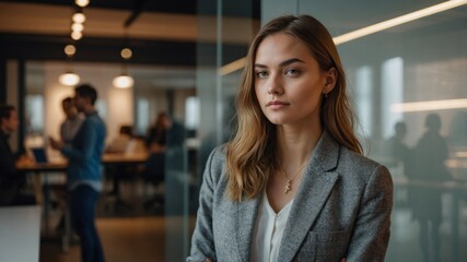 Fototapeta premium Confident businesswoman stands in a modern office with colleagues visible in the background of the workspace.
