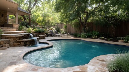 Poolside Paradise: A luxurious outdoor oasis features a stunning swimming pool with cascading water feature and a meticulously landscaped surroundings, perfect for relaxation. 