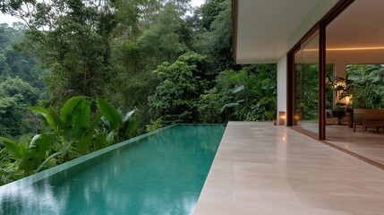 Tropical Poolside Retreat: An exquisite outdoor swimming pool merges seamlessly with its lush tropical surroundings, inviting relaxation and tranquility with panoramic views.