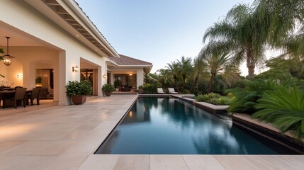 Luxury Poolside Oasis: A sprawling, modern home features a sparkling, rectangular pool flanked by lush landscaping, creating a serene and inviting outdoor living space.