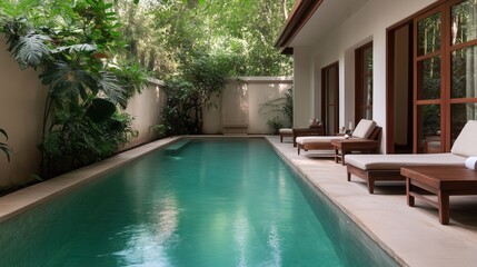 Obraz premium Luxury Retreat: A serene pool at a modern, luxurious resort surrounded by lush greenery and complete with comfortable loungers. A place of pure relaxation and escape.