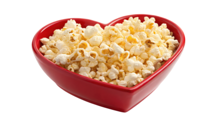 High-quality popcorn with a light and airy texture beautifully presented in a red heart-shaped bowl suitable for romantic dinner visuals, special occasion marketing, and creative culinary artwork on t