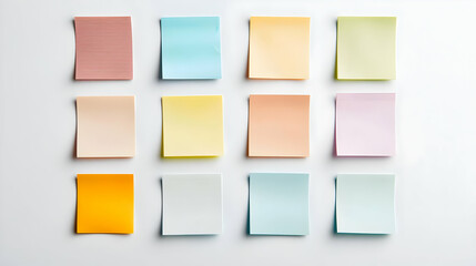 Fototapeta premium Twelve Multicolored Sticky Notes on White Background Arranged in Grid Pattern for Optimized Office Organization