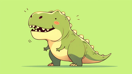 Cute cartoon dinosaur with a joyful expression standing against a bright green background