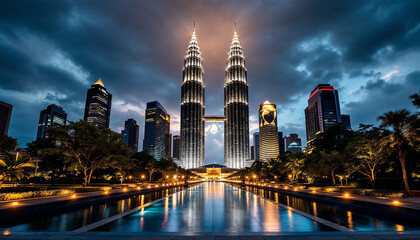 twins building tower asian malaysia in the night background