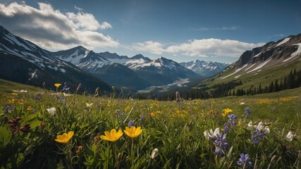 Alpine Meadow: Vibrant wildflowers bloom in a mountain valley, snow-capped peaks under a blue sky backdrop.
