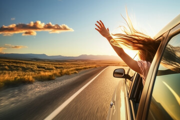 Romantic sunset drive with a girl&rsquo;s hand out of a car window. Hair fluttering in the wind. Wanderlust concept photo.