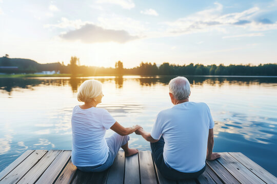 Elderly couple in love sitting together on the lake shore. Senior man and woman holding hands. Romantic date pov family photo. - Powered by Adobe