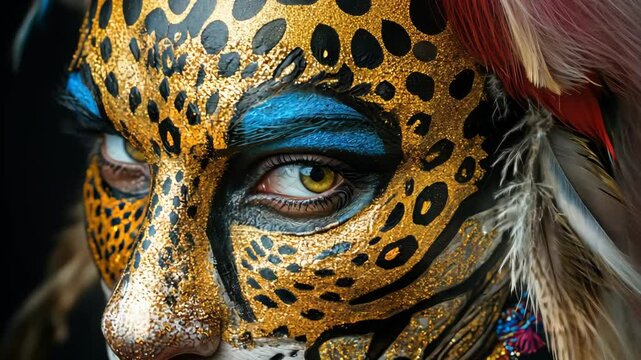 Intricate leopard face paint art featuring vivid colors and realistic details